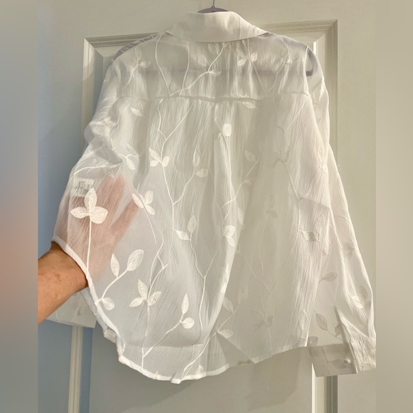 Elegant Sheer White Blouse with Leaf Embroidery - Picture 6 of 10